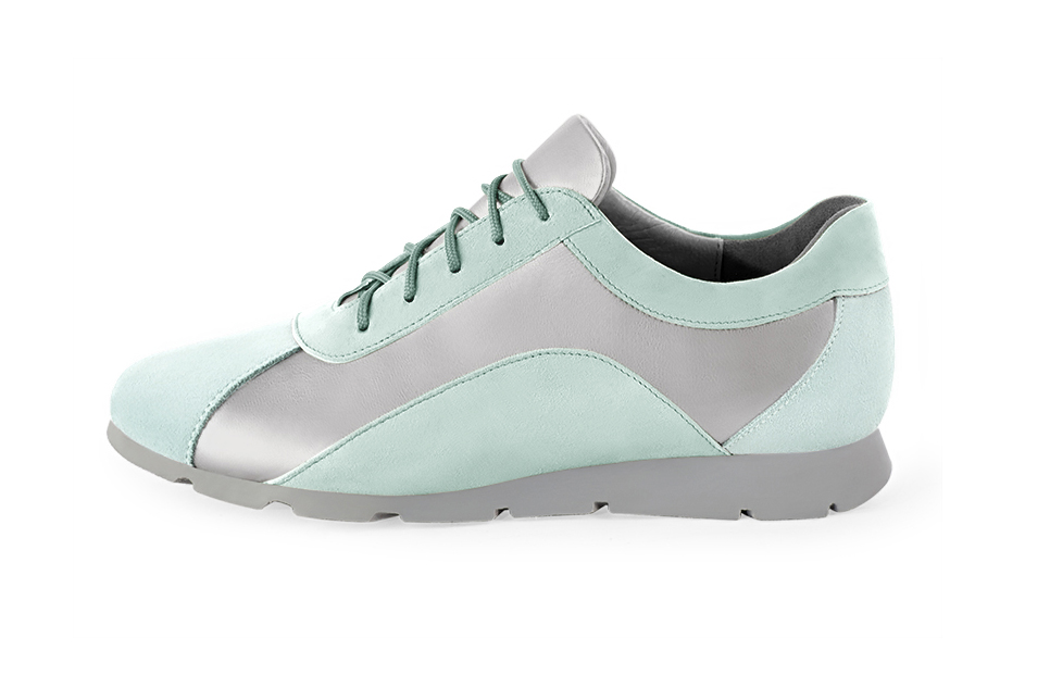 Aquamarine blue and light silver women's two-tone elegant sneakers. Round toe. Flat rubber soles. Profile view - Florence KOOIJMAN